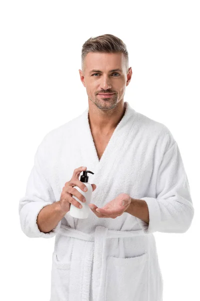 Cheerful Adult Man Bathrobe Using Body Lotion Isolated White — Stock Photo, Image