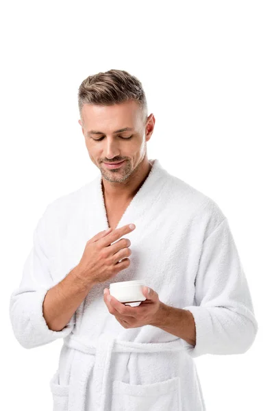 Man Bathrobe Holding Beauty Cream Isolated White — Free Stock Photo