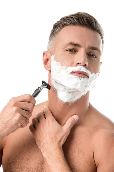 Confident Man Foam Face Shaving Razor Isolated White — Free Stock Photo