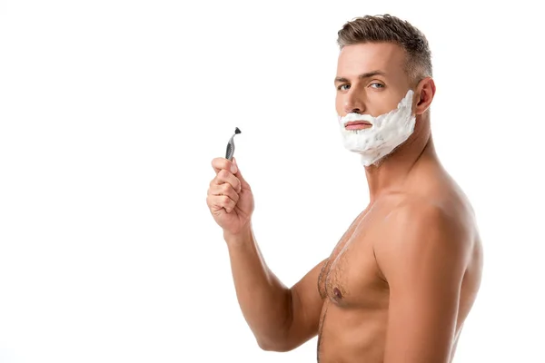 Muscular Shirtless Man Shaving Foam Face Holding Razor Isolated White — Stock Photo, Image