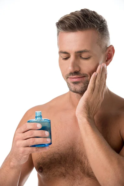 Adult Handsome Man Using Shaving Lotion Isolated White — Free Stock Photo