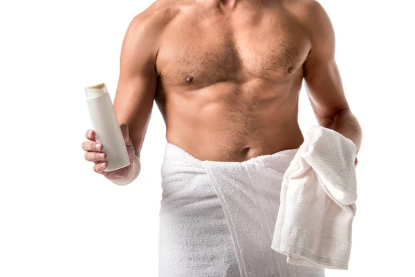 Imagen Recortada Hombre Musculoso Sin Camisa Envuelto Toalla Sosteniendo Gel — Foto de Stock