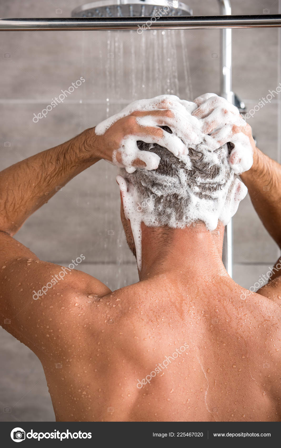 Rear View Man Washing Hair Shampoo Taking Shower — Stock Photo