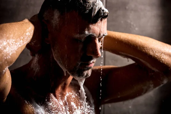 Close View Adult Man Closed Eyes Washing Foam Shower — Stock Photo, Image