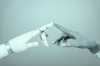 Robotik kol izole gri, geleceğin teknoloji kavramı üzerinde dokunmadan cyborg kırpılmış atış