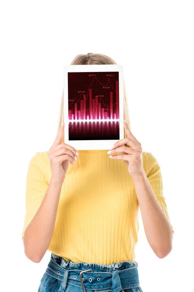 Attractive Young Woman Holding Digital Tablet Graphs Screen Isolated White — Free Stock Photo