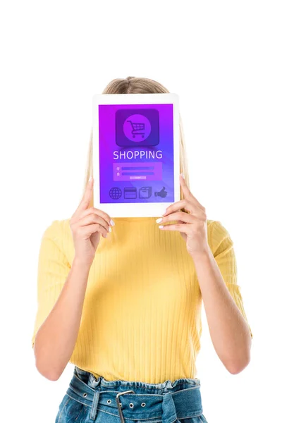 Young Woman Holding Digital Tablet Shopping Application Screen Isolated White — Free Stock Photo