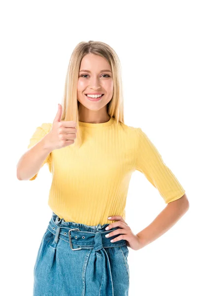 Chica Atractiva Mostrando Pulgar Hacia Arriba Sonriendo Cámara Aislada Blanco —  Fotos de Stock