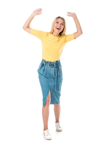Full Length View Cheerful Young Woman Raising Hands Looking Isolated — Stock Photo, Image