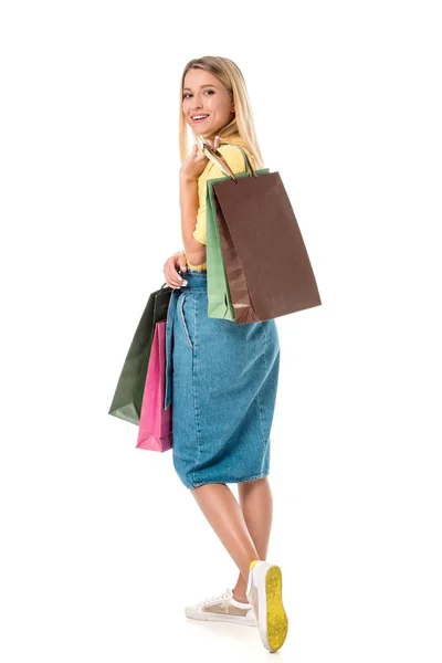 Beautiful Young Woman Holding Shopping Bags Smiling Camera Isolated White — Stock Photo, Image