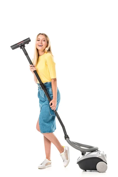 Attractive Young Woman Holding Vacuum Cleaner Smiling Camera Isolated White — Stock Photo, Image