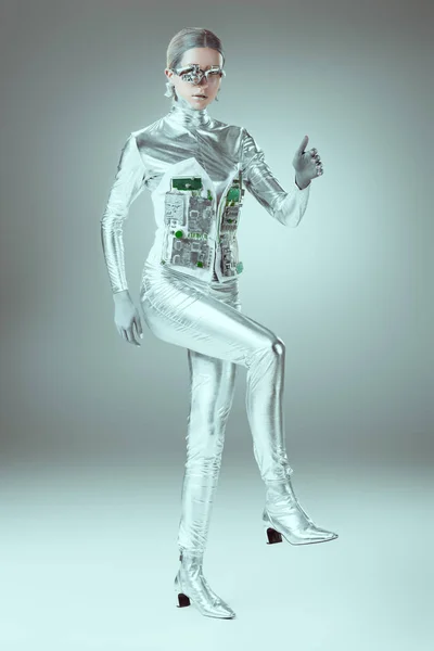 Full Length View Silver Cyborg Walking Grey Future Technology Concept — Stock Photo, Image