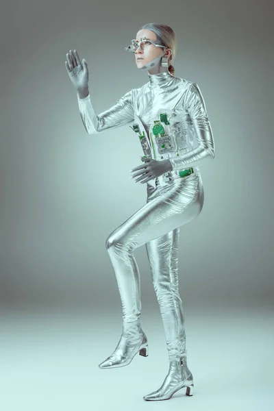 Full Length View Silver Woman Robot Walking Grey Future Technology — Stock Photo, Image