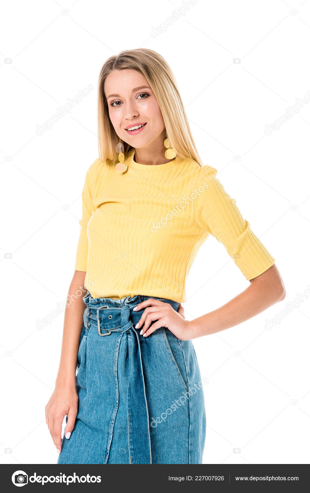 Attractive Woman Posing Yellow Shirt Looking Camera Isolated White ...