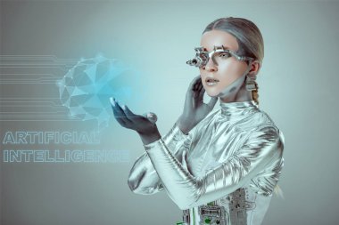 futuristic silver cyborg touching digital data with 