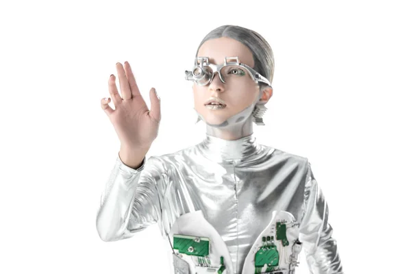 Robot Plateado Tocando Algo Aislado Blanco Futuro Concepto Tecnología —  Fotos de Stock