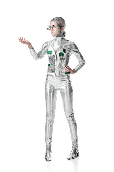 Silver Cyborg holding something isolated on white, future technology concept
