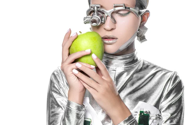 Silver Robot Holding Apple Closed Eyes Isolated White Future Technology — Stock Photo, Image