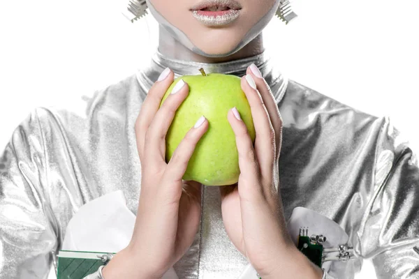 Oříznutý Obraz Stříbrného Robota Drží Jablko Izolovaných Bílém Budoucí Technologický — Stock fotografie