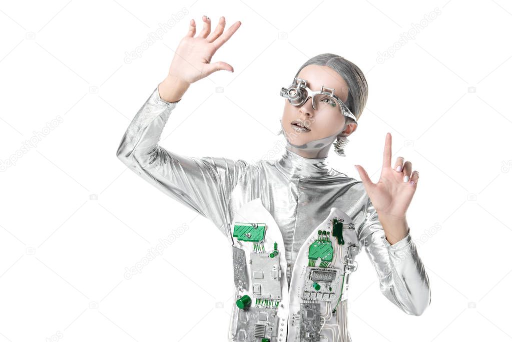 silver robot looking at something isolated on white, future technology concept 