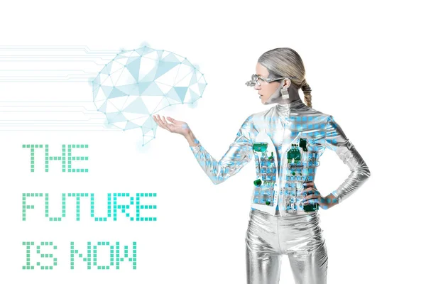 Silver Cyborg Holding Digital Data Isolated White Future Now Lettering — Stock Photo, Image