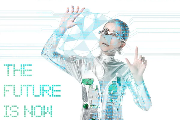 Silver Cyborg Looking Digital Data Isolated White Future Now Lettering — Stock Photo, Image