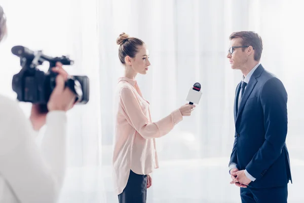 Side View Handsome Businessman Glasses Giving Video Interview Journalist Office — Stock Photo, Image