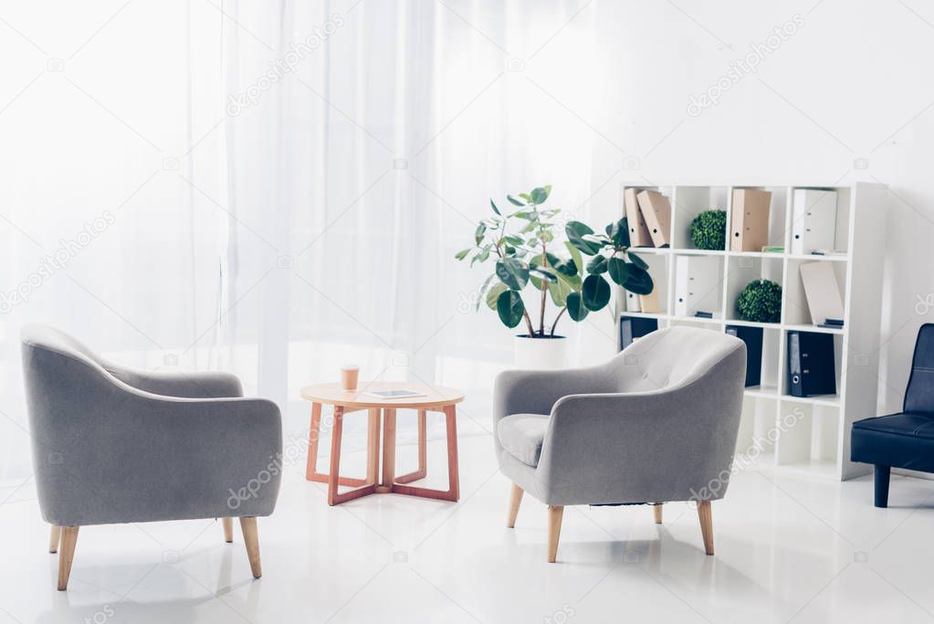 interior of light modern business office with two armchairs, shelves, plants and small wooden table on tulle background