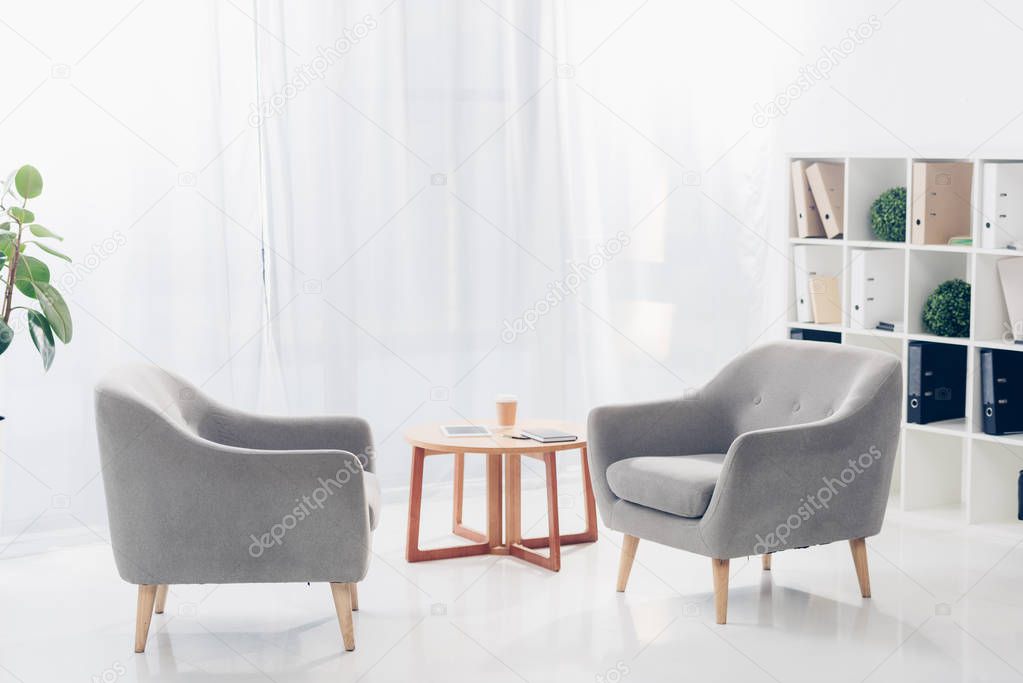 interior of light modern business office with two armchairs, shelves, plants and small wooden table on tulle background