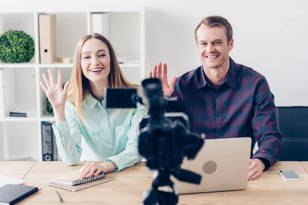 Smiling Journalists Recording Vlog Waving Hands Office — Stock Photo, Image