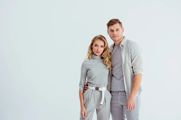 Beautiful Young Couple Looking Camera Posing Isolated Grey — Stock Photo, Image