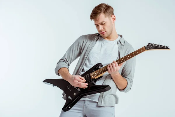 Handsome Focused Man Grey Clothing Playing Electric Guitar Isolated Grey — Stock Photo, Image