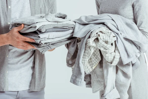 Cropped View Couple Holding Grey Clothes Isolated Grey — Free Stock Photo