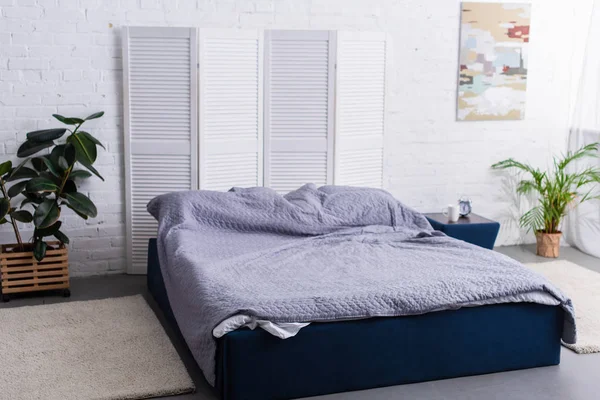 Yatak Odası Çift Kişilik Yatak Bitkiler Halı — Stok fotoğraf