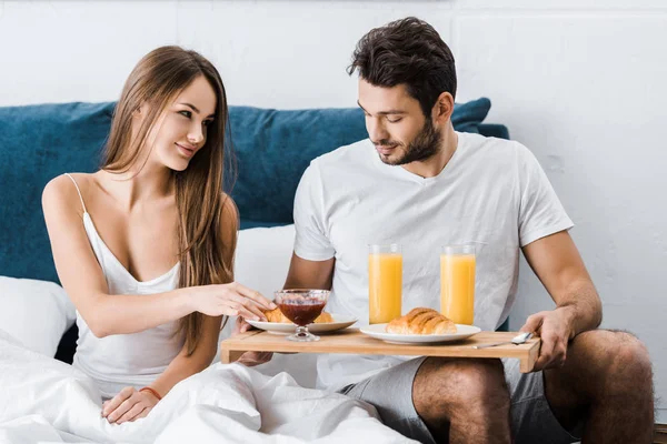 Young Couple Pajamas Having Breakfast Bed — Stock Photo, Image