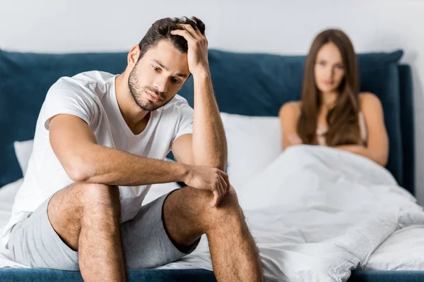 Selective Focus Upset Man Sitting Bed Hand Head Sexual Problems — Stock Photo, Image