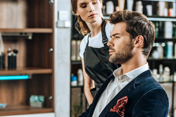 Attractive Female Hairstylist Looking Handsome Young Man Beauty Salon — Stock Photo, Image