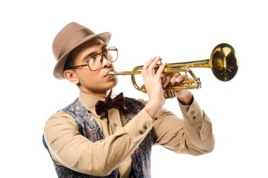 mixed race male musician in stylish hat and eyeglasses playing on trumpet isolated on white  clipart