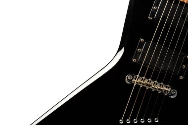 Siyah Elektro gitar üzerinde beyaz izole görünümünü kapat