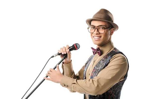 Happy Young Male Musician Hat Eyeglasses Singing Microphone Isolated White — Free Stock Photo