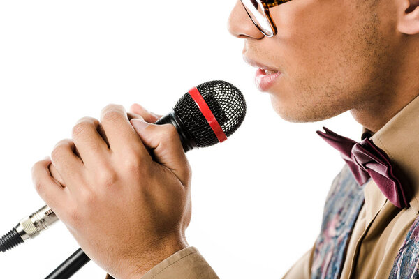 partial view of male musician singing in microphone isolated on white