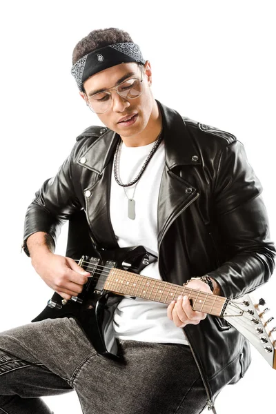 Concentrated Male Rock Musician Leather Jacket Playing Electric Guitar While — Stock Photo, Image