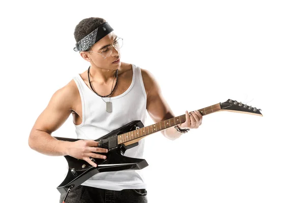 Focused Mixed Race Male Rock Musician Playing Electric Guitar Isolated — Free Stock Photo