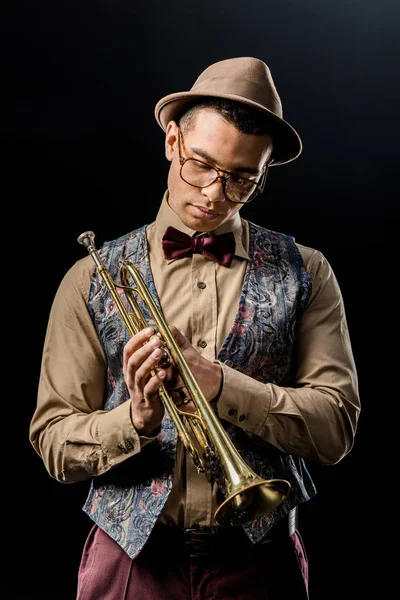 Mixed Race Male Musician Posing Trumpet Isolated Black — Free Stock Photo