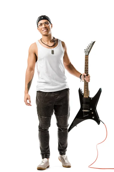 Happy Young Male Rock Musician Posing Black Electric Guitar Isolated Stock Picture