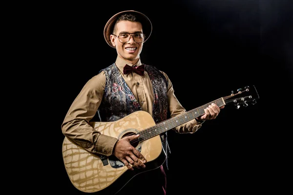 Smiling Male Musician Eyeglasses Hat Playing Acoustic Guitar Isolated Black — Stock Photo, Image
