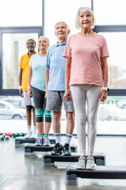 neşeli çok ırklı üst düzey sporcular spor salonunda adım platformlarda ayakta