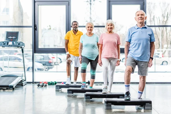 Mutlu Çok Irklı Üst Düzey Sporcular Spor Salonuna Adım Platformları — Stok fotoğraf