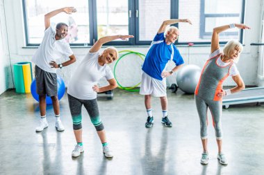 çok ırklı üst düzey sporcu zaman uyumlu spor salonunda egzersiz yüksek açılı görünüş