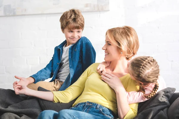 Happy Mother Cute Little Children Spending Time Together Home — Stock Photo, Image